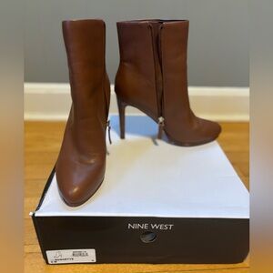 Nine West Brown Leather Platform Booties - High Heel, Almond Toe, 4” Heel
